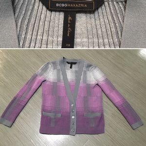 BCBGMAXAZRIA purple and grey plaid cardigan XS